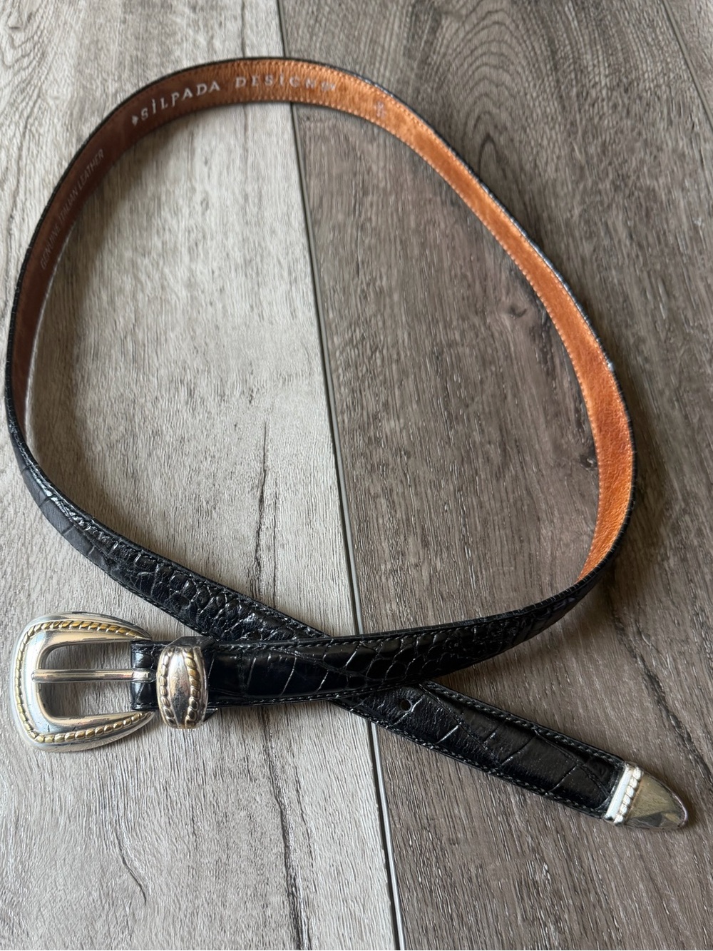 Silpada Black Croc-Embossed Genuine Leather Belt with Silver & Gold-Tone Buckle